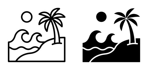70 Tropical Beach Scene Icons: Palm Tree, Waves, Sun, and Sand. Vector Art for Summer Vacation and Coastal Themes. Includes Outline and Silhouette Styles. 100 © Md