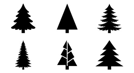 Obraz premium Six Black Silhouette Christmas Tree Icons, Vector Set. Festive Evergreen Pine and Fir Tree Graphics for Holiday Design, Winter Celebration Elements.
