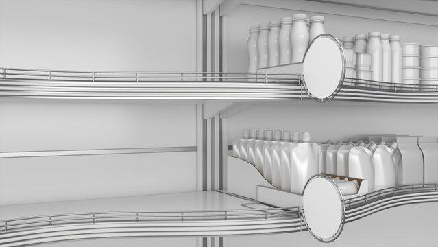 Close-up of wavy retail shelves mockup with guardrail, round blank shelf stoppers and blank products. 3d illustration