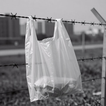 Monochrome Plastic Disposable. Plastic Bag Litter In A Shopping Scene, Polluting The Environment