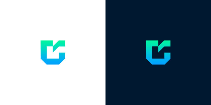 Modern abstract letter C shield logo design with integrated checkmark motif featuring blue and green gradients for corporate branding identity