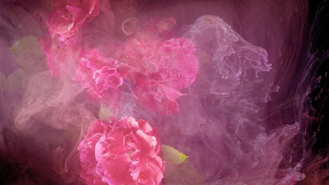 Closeup view of pink peony blooms suspended in pink and purple mist, with layered petals, partial green leaves, soft glow, and drifting vapor creating elegant botanical atmosphere, with peony