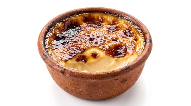 Baked custard dessert with caramelized sugar top in clay pot