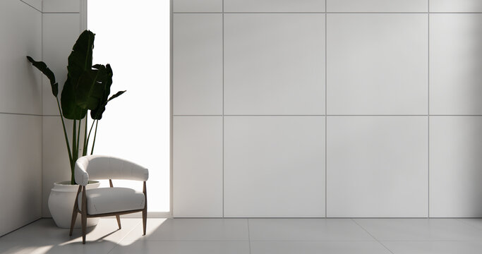 Tiles wall design empty white modern minimal style. 3D illustration rendering