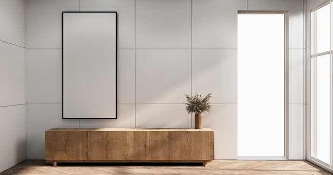 Screen mock up White granite tiles living room have cabinet minimalist and decoraion. 3d rendering