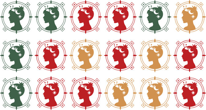 Mystical celestial woman profile vector badge collection featuring elegant lady silhouette decorated with crescent moon stars and geometric target coin frame designs.