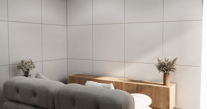 Screen mock up White granite tiles living room have cabinet minimalist and decoraion. 3d rendering