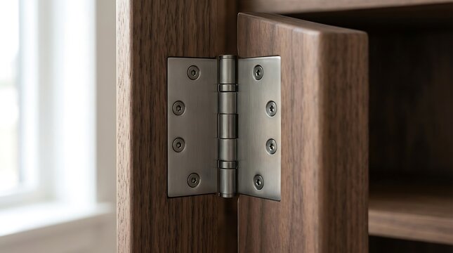 Stainless steel cabinet hinge attached to a dark walnut wooden door in a modern kitchen interior with soft natural light and blurred background