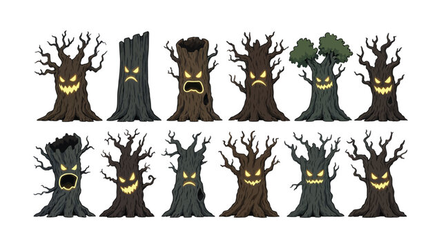 Collection of cartoon spooky Halloween trees with glowing eyes and sinister faces in rows