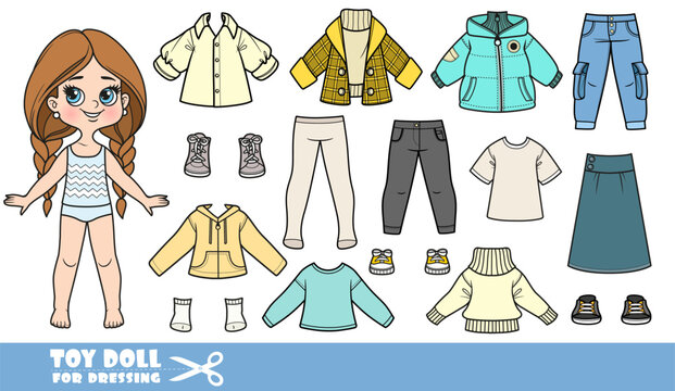 Cartoon girl and clothes separately - warm jacket, long skirt, sweater, blouse, autumn clothing and sneakers