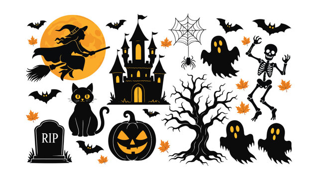 Spooky Halloween silhouetted elements including a witch flying on a broomstick over a moon