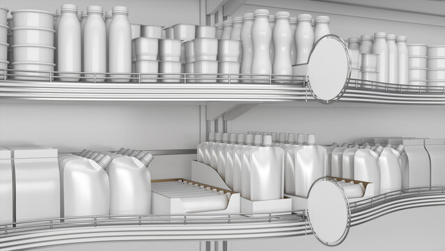 Close-up of wavy retail shelves mockup with round shelf stoppers, blank products and guardrail. 3d illustration
