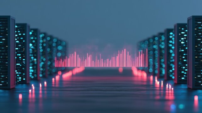Digital data waves flowing between server racks in datacenter.