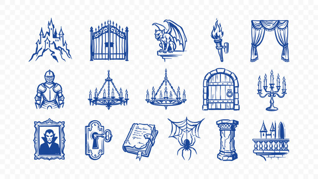 medieval gothic architecture and old castle doodle handmade ink scribble flat line art vector illustration icon bundle set calligraphy drawing design ancient building art