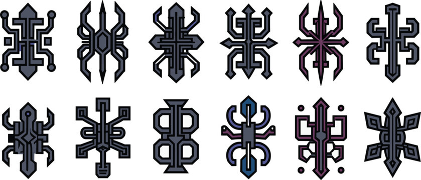Sci-fi futuristic alien hieroglyph vector icon set featuring abstract cyberpunk runes dark techno geometric symbols robotic circuit board crests and cyberpunk crest emblems.