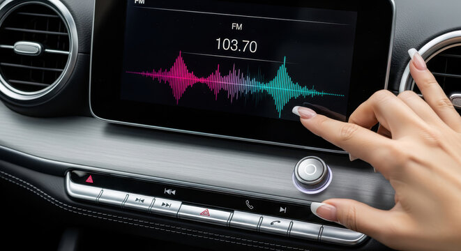 Woman's Hand Using Modern Car Infotainment System Touchscreen to Select FM Radio Station with Sound Wave Visualization