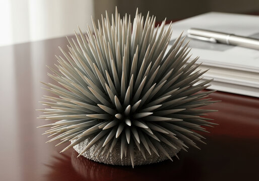 Decorative silver spike ball sculpture on a dark brown wooden desk