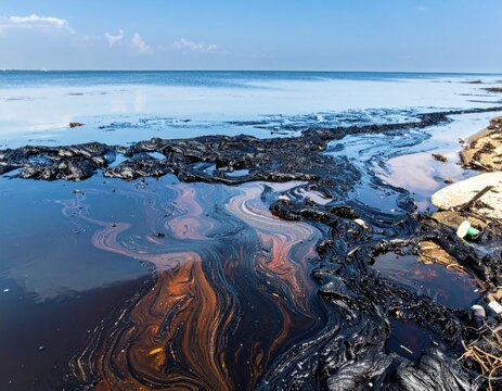 Oil spill polluting ocean water and sandy beach