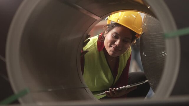 Asian factory executive in suit and female safety engineer reviewing production data on a digital tablet in a heavy machinery plant. Concept of smart factory, digital supply chain management, and indu