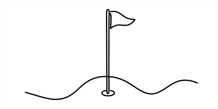Continuous single line drawing of a golf hole with a flag on the green Vector, illustration