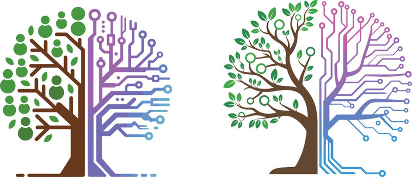 Set of conceptual tech tree logos showing a balance between organic green leaves and digital electronic circuit boards