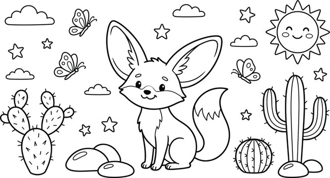 Cute Fennec Fox Coloring Page Page for Kids Featuring Happy Cartoon Desert Animal with Cactus Sun Clouds Butterflies and Stars Outline Vector Illustration