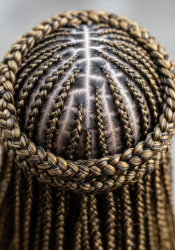 Close up view of a woman with stylish braided hairstyle from above