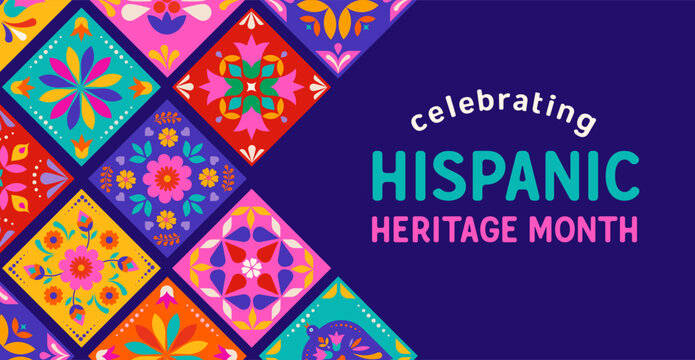National Hispanic heritage month celebration banner background. Colorful vector illustration with geometric flat papel picado floral folk pattern.