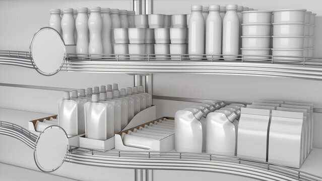 Close-up of wavy retail shelves mockup with round shelf stoppers, blank products and guardrail. 3d illustration