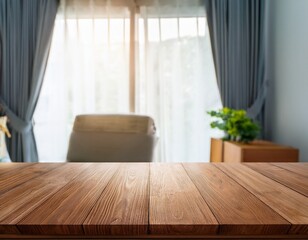 Fototapeta premium selective focus wood table counter on blur curtain window in morning background for montage product display