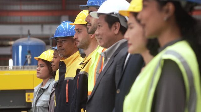 Multi-ethnic group of corporate leaders and factory technicians celebrating a successful deal in a manufacturing plant. Perfect for annual corporate reports, international trade commercials, and ESG s