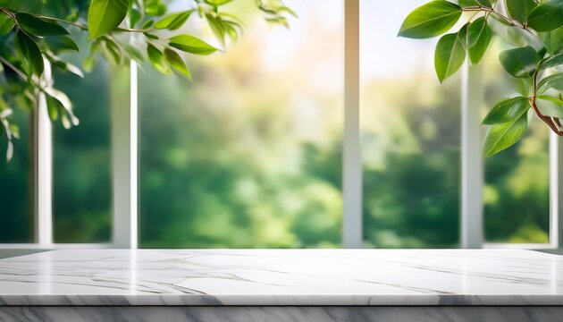 selective focus elegance product display background with marble top on blur big window with fresh green leaf