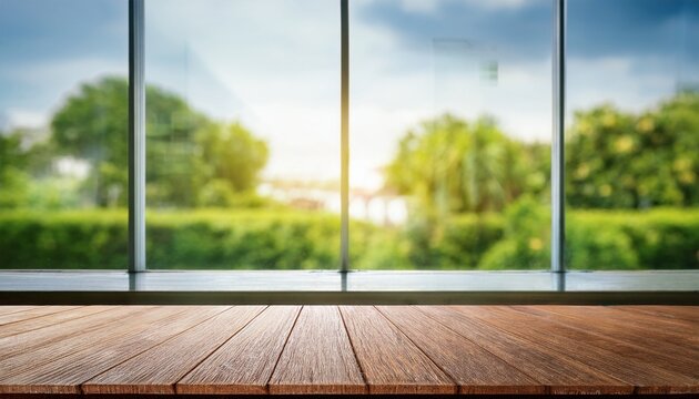 selective focus wood table counter on blur big glass wall with green nature