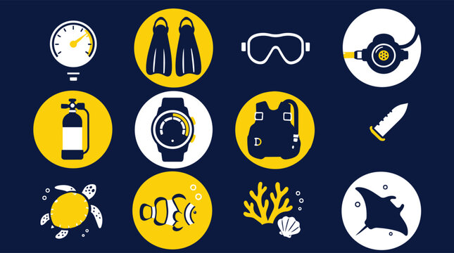 Flat Design Scuba Diving Gear and Marine Life Vector Icons
