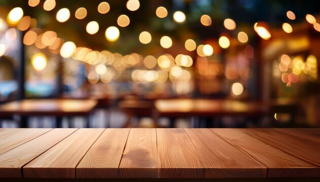 wood table top with reflect on blur of lighting in cafe restaurant background selective focus