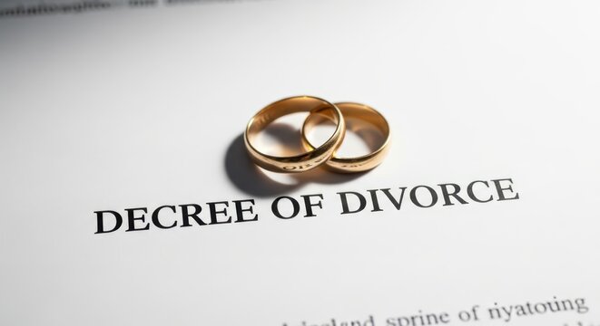 Close-up of a Divorce Decree Legal Document with Two Intertwined Gold Wedding Bands