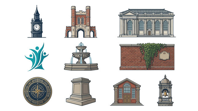 Set of Collegiate Campus Architecture Icons and University Landmarks Graphic Elements