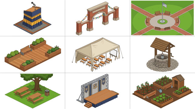 Isometric Outdoor Park Amenities and Event Structures Set for Urban Landscape Design Projects