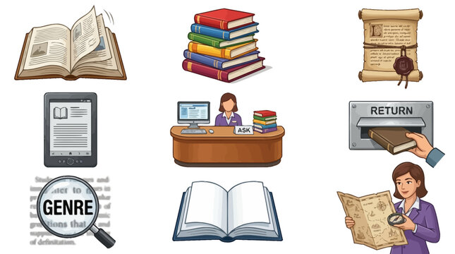 Engaging visual assets showcasing essential library concepts, from book stacks to digital readers and knowledge exploration