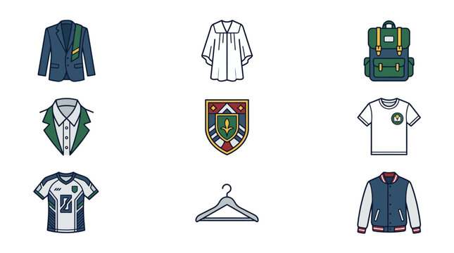 School uniform apparel icons featuring blazer backpack crest jersey and varsity jacket clothing set