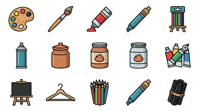 Colorful Art Supplies and Drawing Tools Vector Icon Set for Creative Design Projects