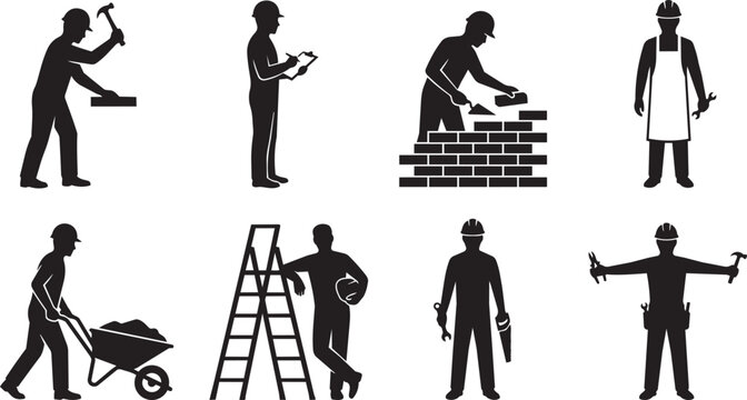 Construction workers in silhouette performing various building tasks on white background