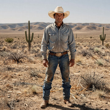Glitch Art Cowboy Vertical. A Portrait Of An American Cowboy Wearing A Hat