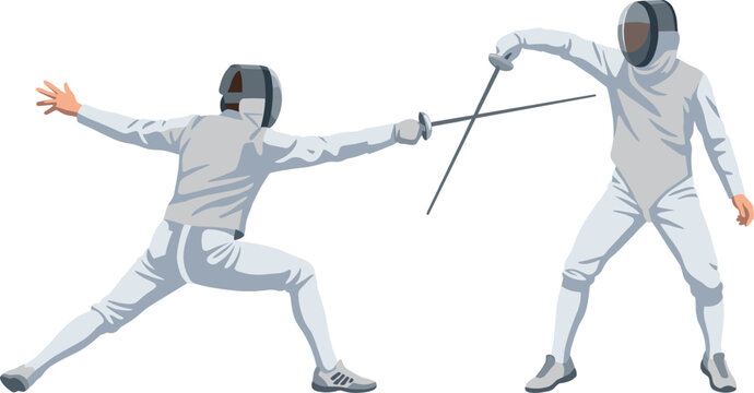 Two Professional Fencing Athletes in Dynamic Combat Match Crossing Swords Wearing Protective Helmets Masks Jackets and Uniforms Vector Illustration Clipart