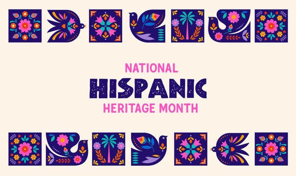National Hispanic heritage month celebration banner frame background. Colorful retro vector illustration with geometric birds and flowers border.