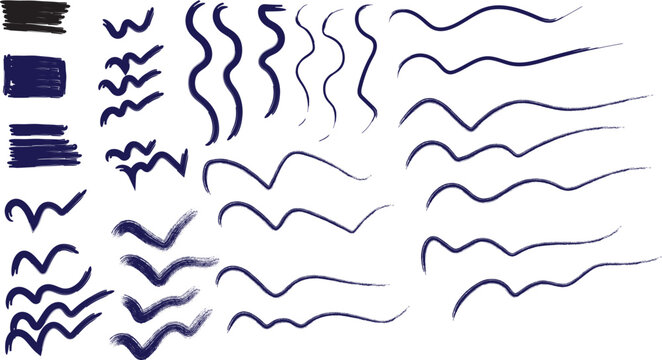 Collection of dark blue wavy brush strokes and hand-drawn squiggles isolated on white.