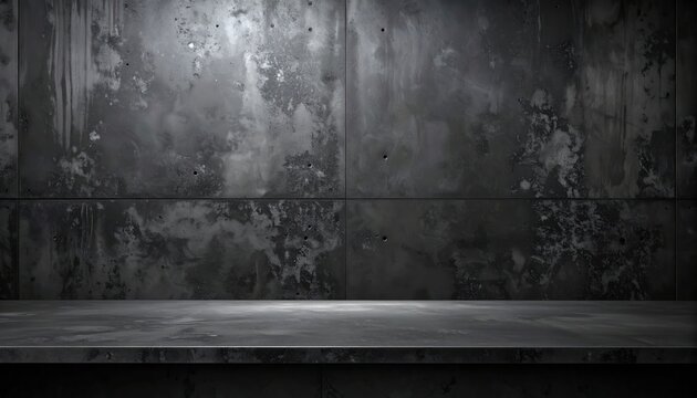 Dark Industrial Concrete Studio Background with Shelf, Textured Grunge Wall and Floor for Product Display