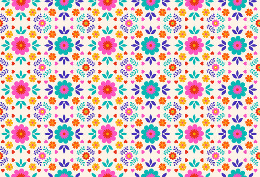 National Hispanic heritage month and Day of the Dead floral pattern. Colorful vector illustration with traditional geometric flower graphic elements.