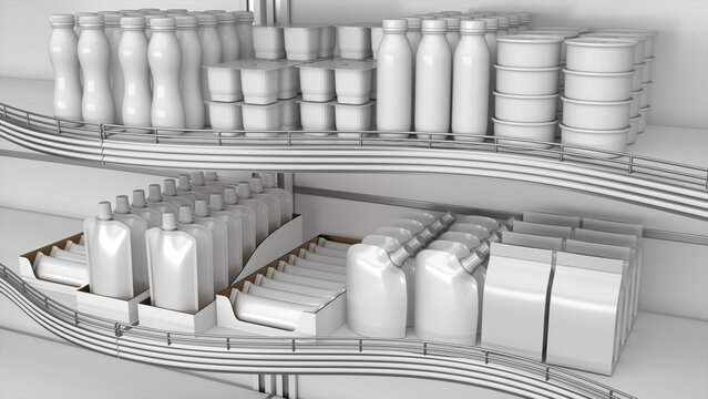 Close-up of wavy retail shelves mockup with blank products and guardrail. 3d illustration