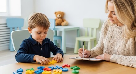 Fototapeta na wymiar Young Boy Learning Numbers with Female Teacher or Therapist in Bright Classroom Setting for Early Childhood Education